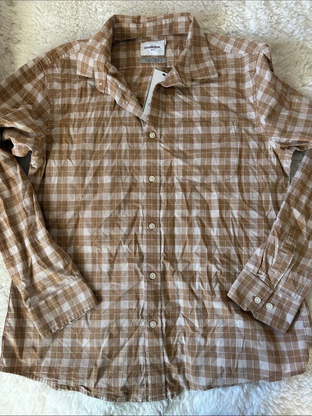 Goodfellow & Co Tan and White Plaid Button-Down Shirt